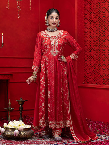 Dhiyona CH Floral Embroidered Panelled Anarkali Kurta with Trousers & Dupatta