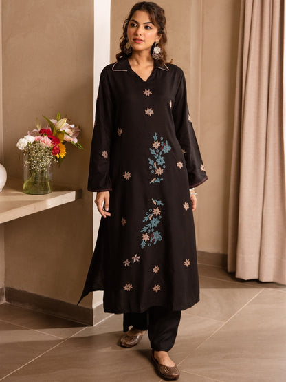 Floral Embroidered Shirt Collar Thread Work Kurta With Trousers