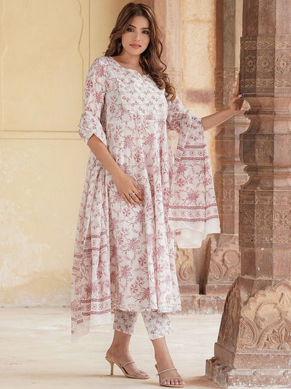 Dhiyona KL Floral Printed Notch Neck Pure Cotton Anarkali Kurta with Trousers & Dupatta