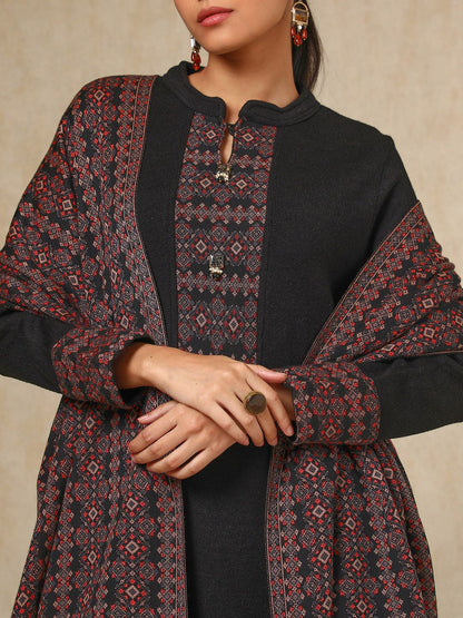 Dhiyona SO Women's Black Geometric Woven Design Acrylic Straight Kurta With Trouser & Dupatta