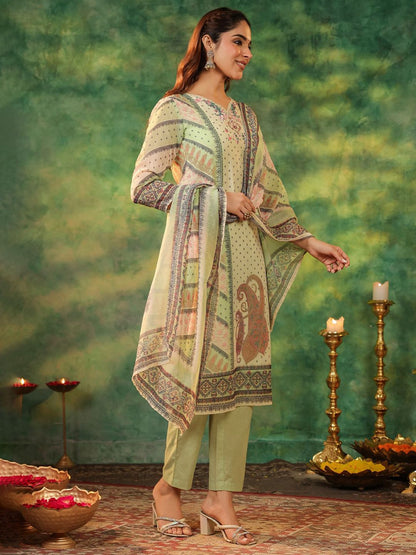 Dhiyona RR Women's Ethnic Motifs Printed Sequinned Straight Kurta With Trouser & Dupatta