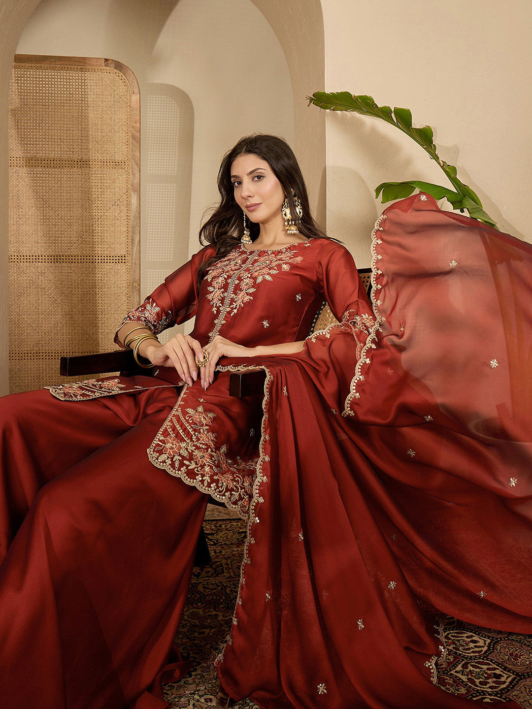Embroidered Round Neck Straight Kurti & Sharara With Dupatta
