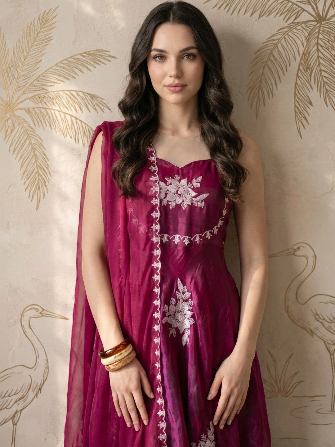 Women Floral Embroidered Empire Thread Work Kurta with Palazzos & With Dupatta