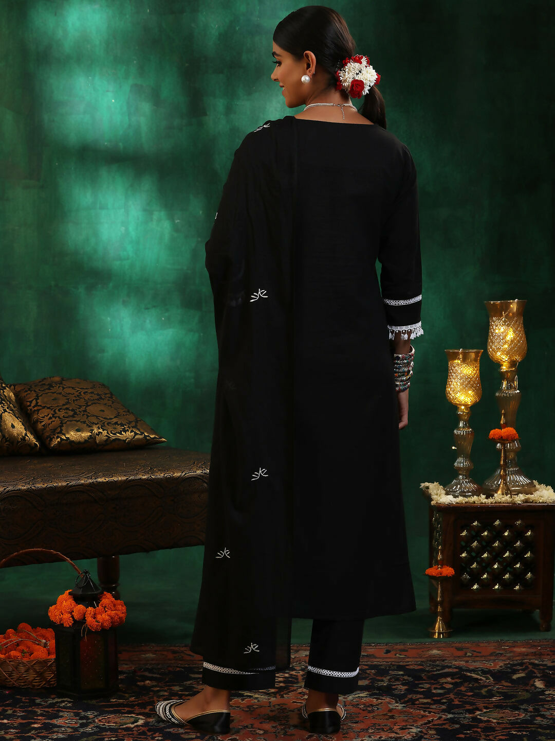 Women's LB Black Embroidered Cotton Straight Suit With Dupatta