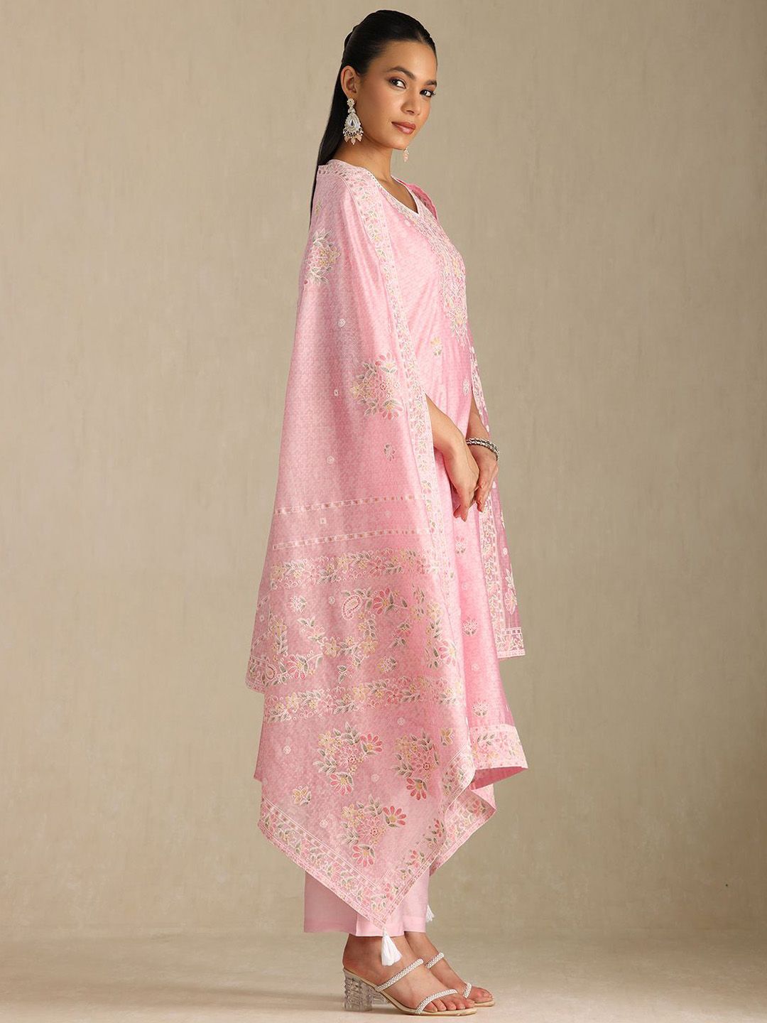 Dhiyona SO Women's Floral Printed Thread Work Chanderi Cotton Straight Kurta with Palazzos & Dupatta