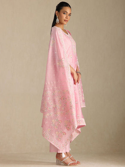 Dhiyona SO Women's Floral Printed Thread Work Chanderi Cotton Straight Kurta with Palazzos & Dupatta