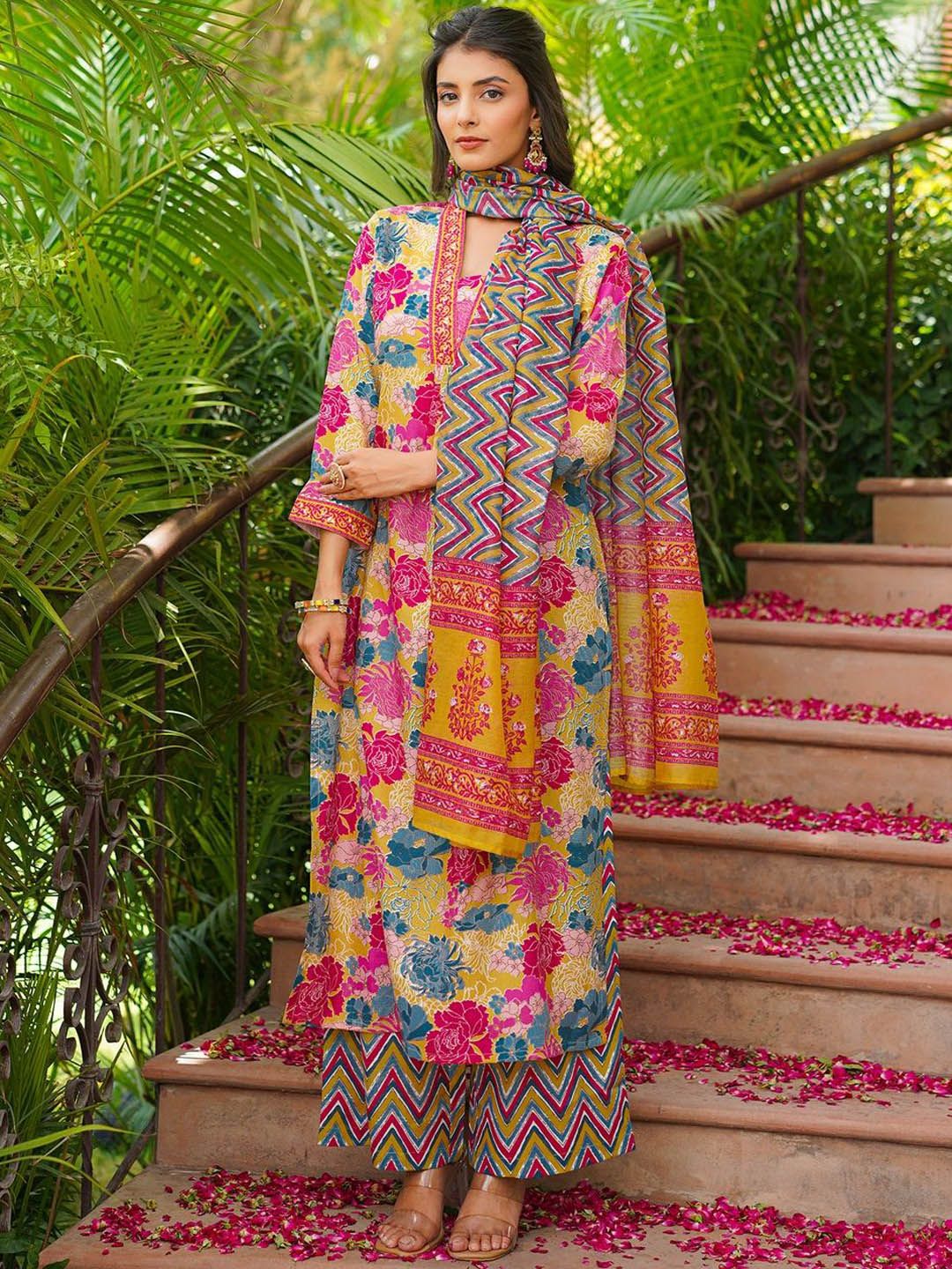 Dhiyona KL Floral Printed Pleated A-Line Kurta With Palazzos & Dupatta
