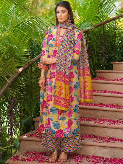 Dhiyona KL Floral Printed Pleated A-Line Kurta With Palazzos & Dupatta