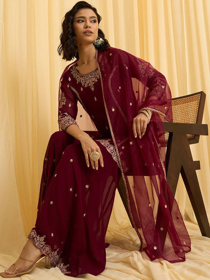 Dhiyona CH Floral Embroidered Sequinned Georgette Kurta with Sharara & Dupatta