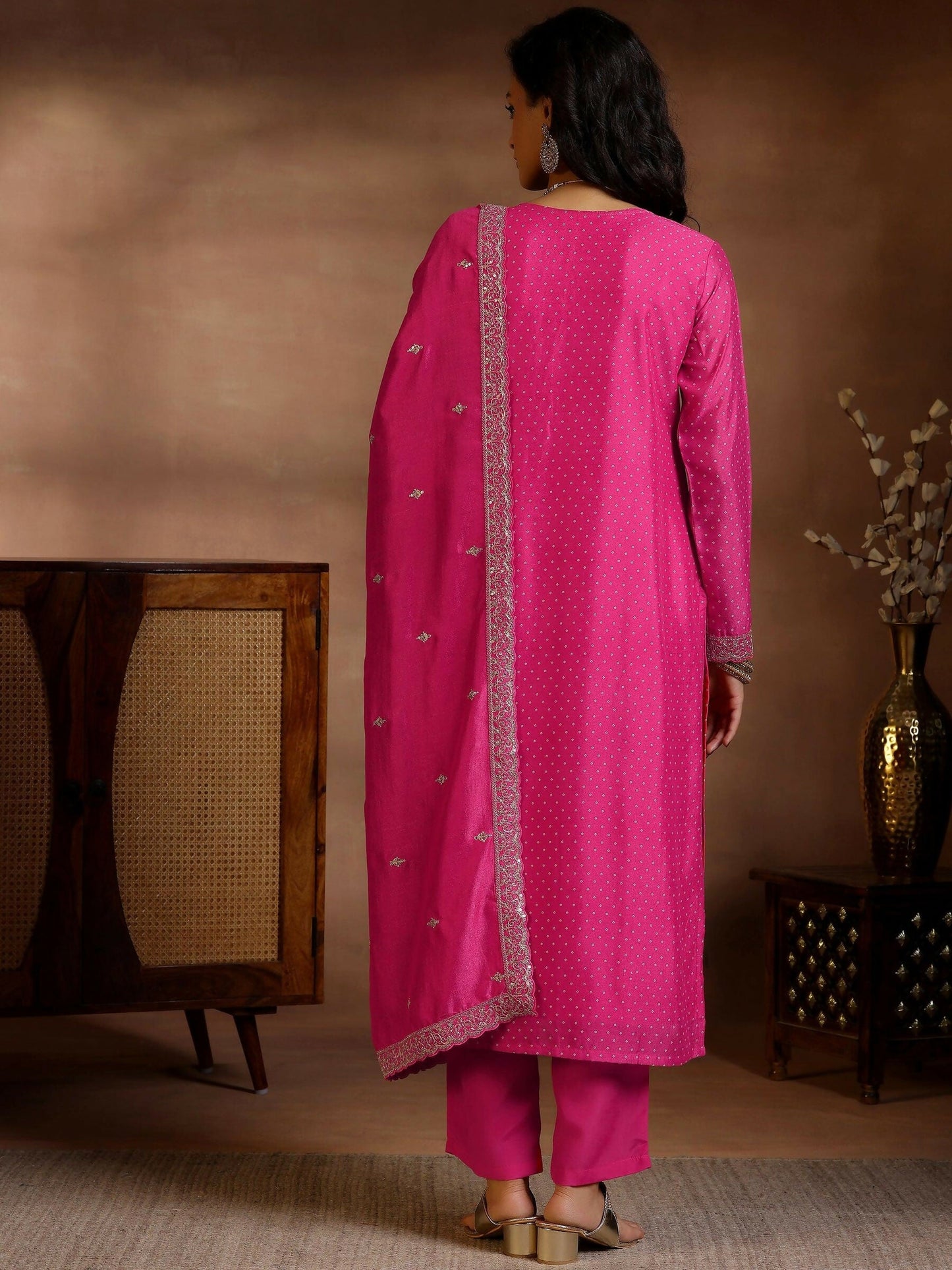 Women's LB Pink Printed Silk Blend Straight Suit With Dupatta