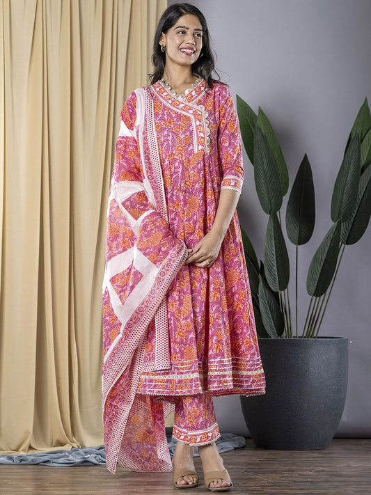 Dhiyona KL V-Neck Floral Printed Pure Cotton Anarkali Kurta with Trousers & Dupatta