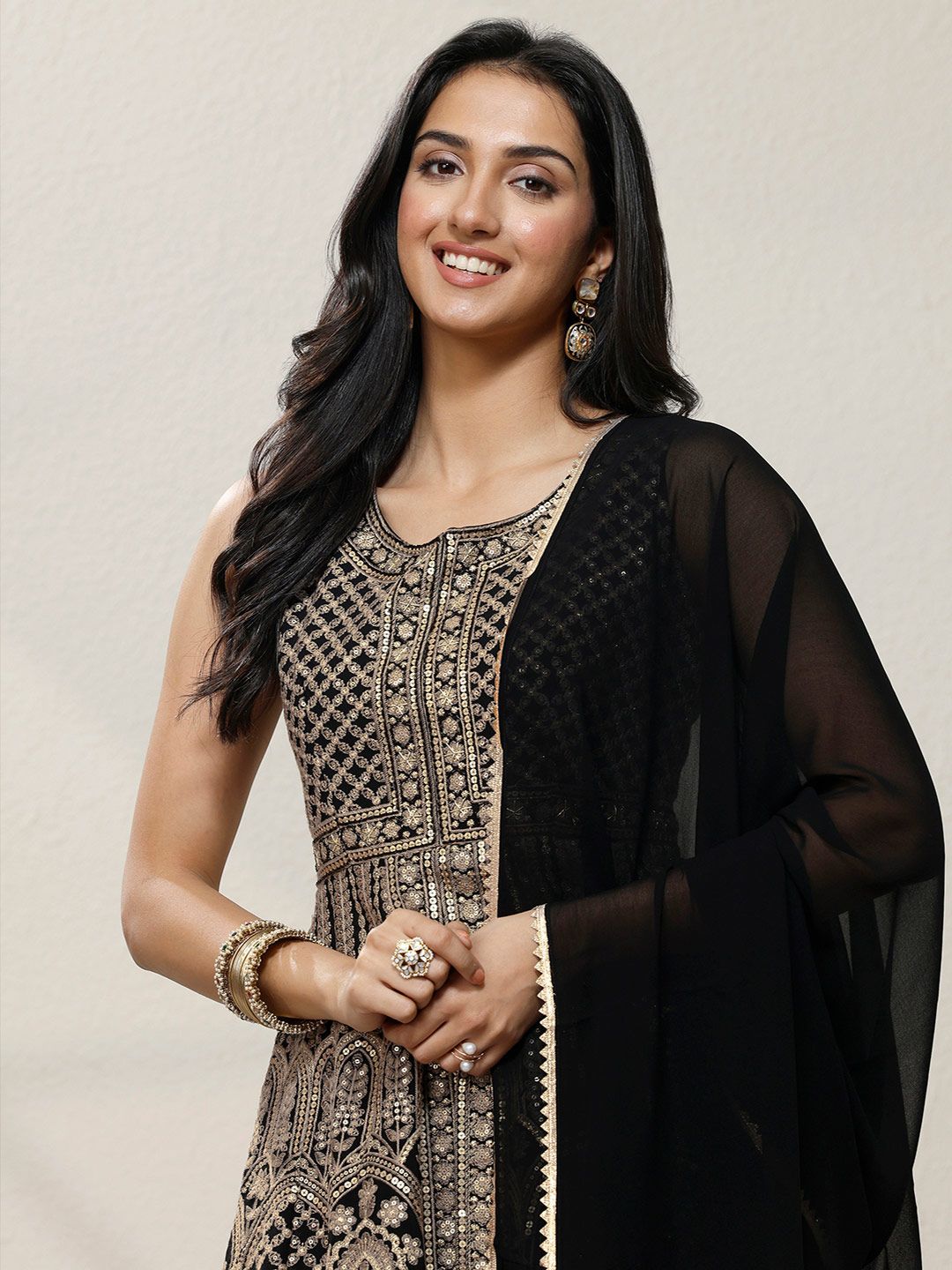 Dhiyona LL Women Ethnic Motifs Embroidered Panelled Sequinned Kurta with Palazzos & With Dupatta