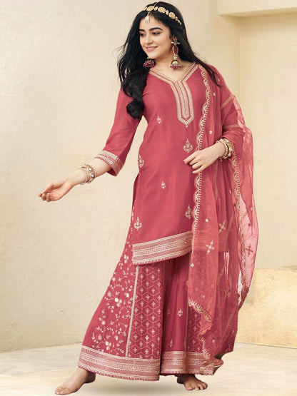 Dhiyona CH Ethnic Motifs Embroidered V-Neck Straight Kurta With Sharara & Dupatta