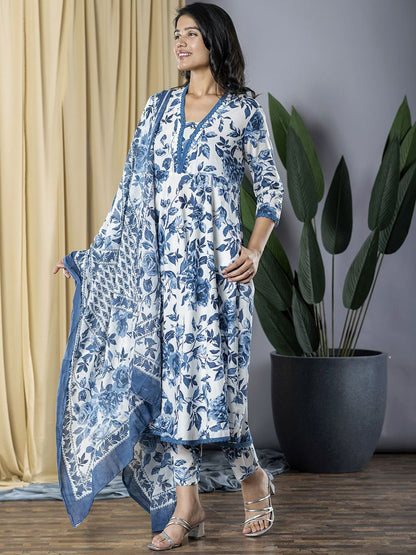 Dhiyona KL Floral Printed V-Neck Anarkali Pure Cotton Kurta With Trousers And Dupatta