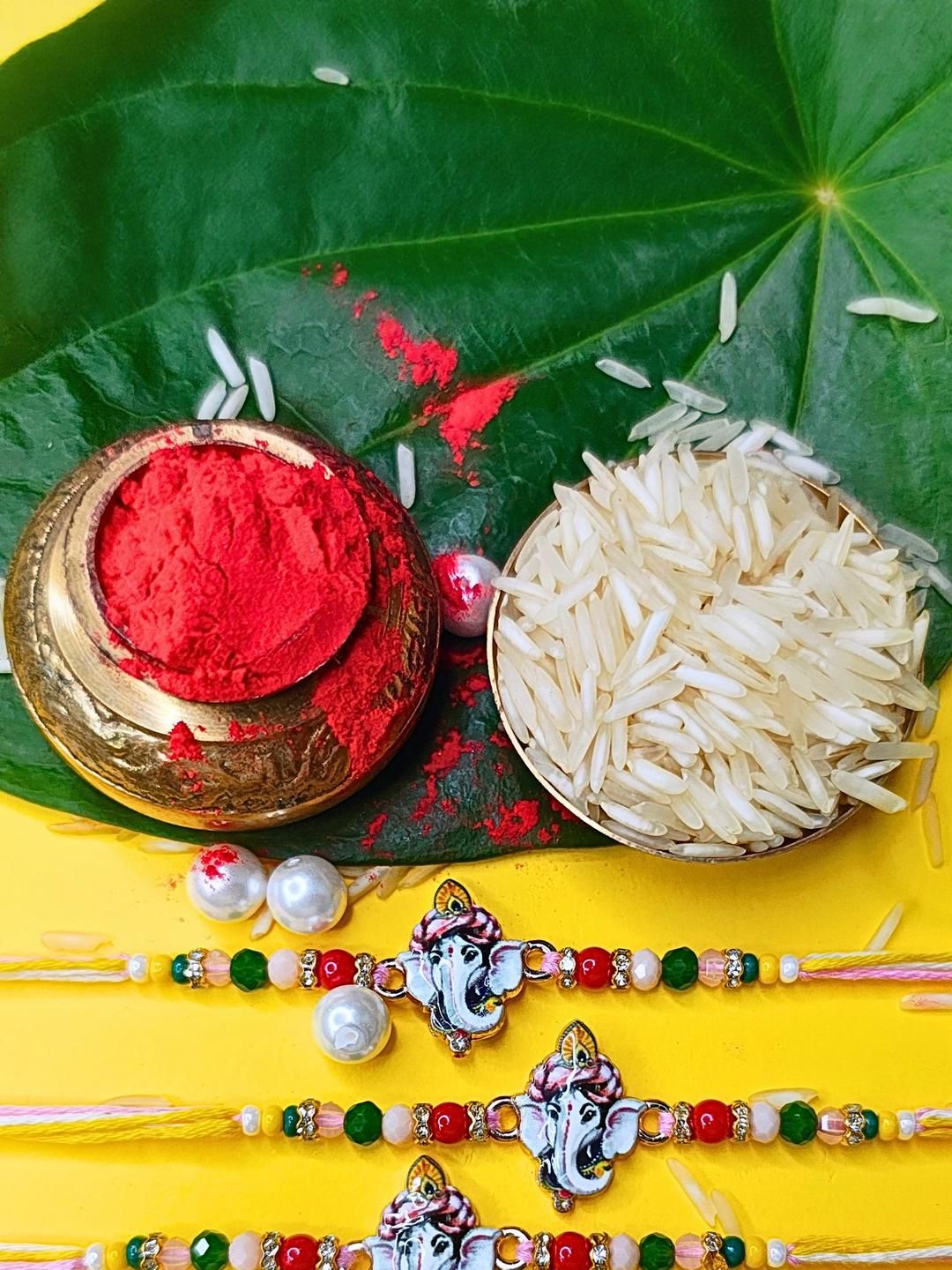 Dhiyona Set Of 3 Beaded Cotton Thread with AD Stones & Meenakari Designer Rakhi for Brother