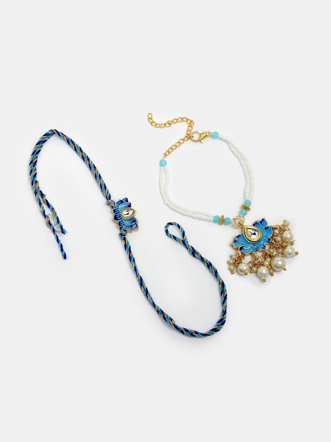 Dhiyona Unisex Set Of 2 Blue Lotus Shape Kundan-Studded & Beaded Wraparound Rakhi Set