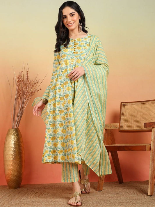 Dhiyona KL Women Floral Printed Regular Pure Cotton Kurta with Trousers & With Dupatta