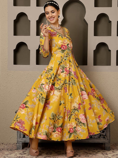 Women Floral Printed Pure Cotton Anarkali Kurta with Trouser & Dupatta