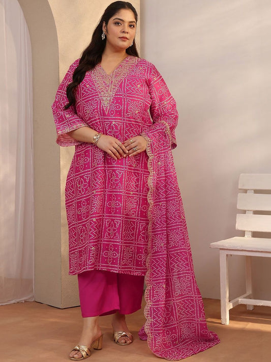 Dhiyona Women's Plus Size Ethnic Motifs Printed Kurta with Trouser & Dupatta