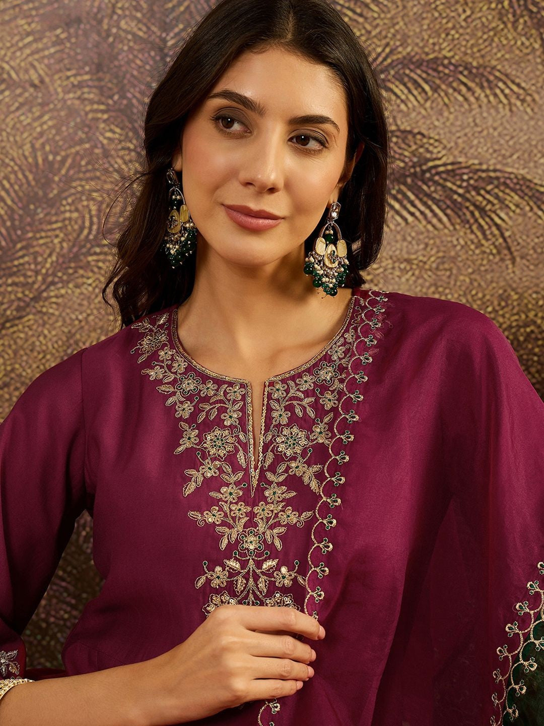 Zari Sequence Thread Embroidered A-Line Kurta & Trousers With Dupatta