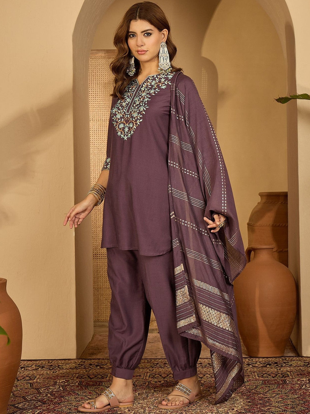 Women Purple Embroidered Kurta Sets With Dupatta