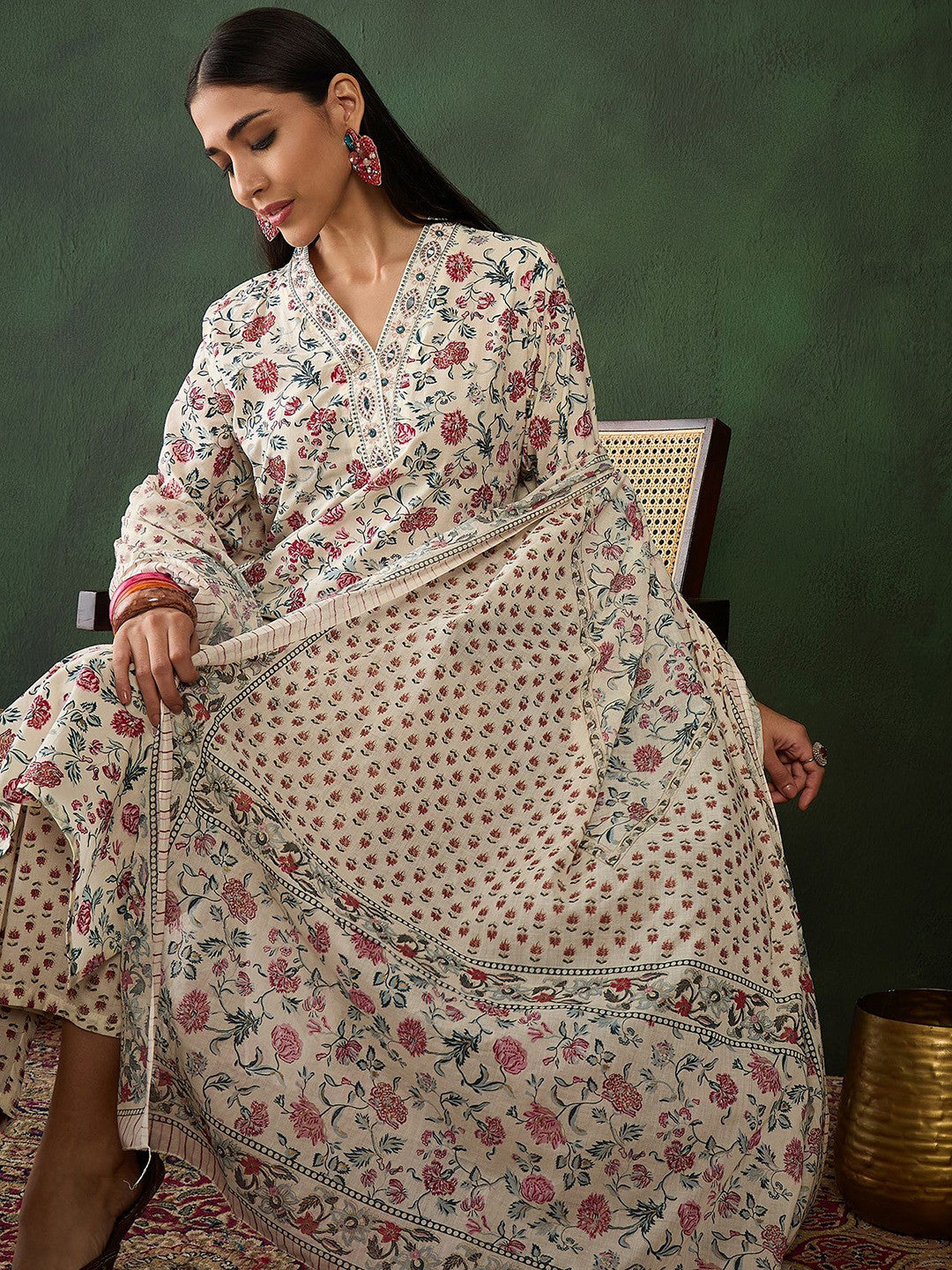 Floral Printed Mirror Work Pure Cotton Kurta & Trousers With Dupatta