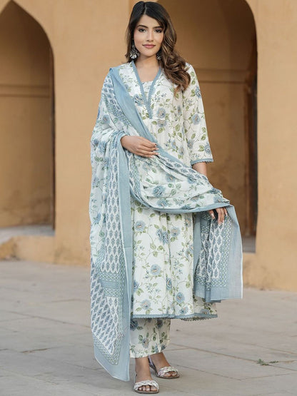 Dhiyona KL Floral Printed V-Neck Anarkali Pure Cotton Kurta With Trousers & Dupatta