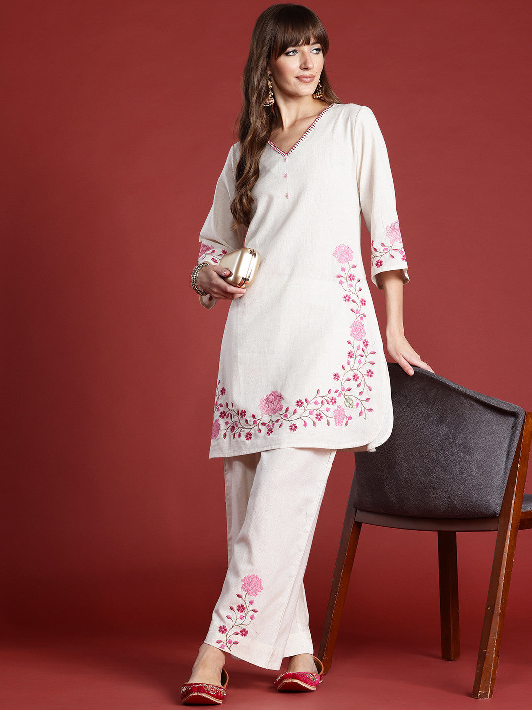 Floral Embroidered Thread Work Pure Cotton Kurta with Palazzos