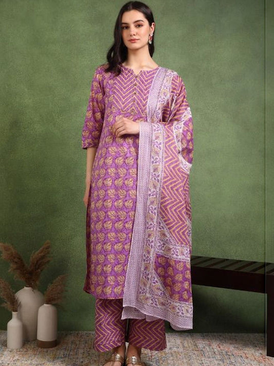 Dhiyona KL Women Ethnic Motifs Printed Regular Pure Cotton Kurta with Trousers & With Dupatta