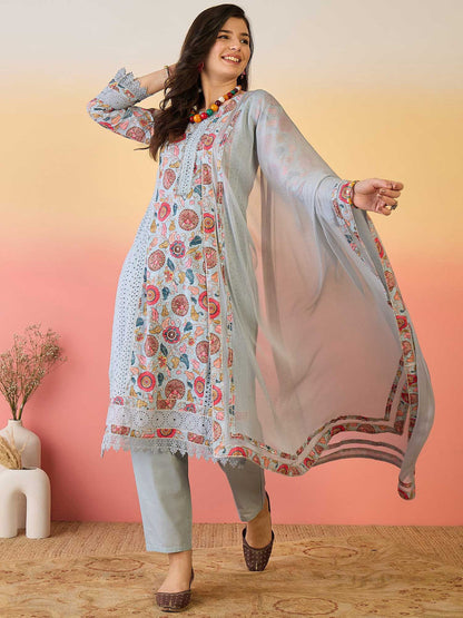 Floral Printed Pure Cotton Kurta & Trousers With Dupatta