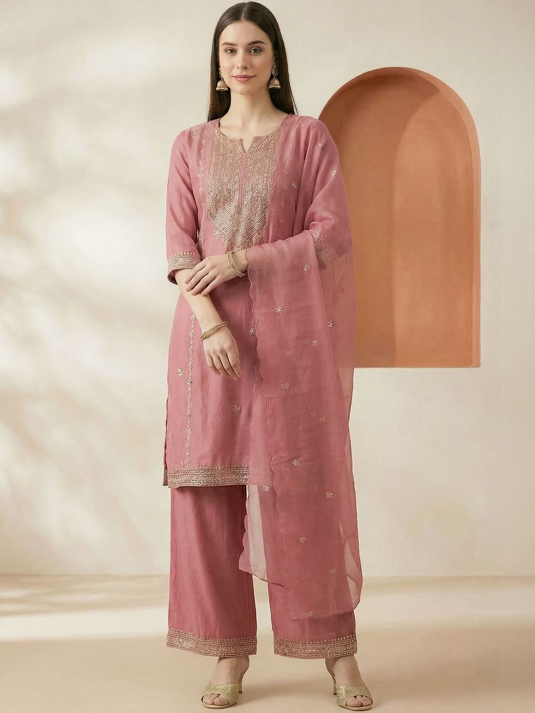 Dhiyona IE Women Ethnic Motifs Embroidered Thread Work Kurta with Palazzos & With Dupatta