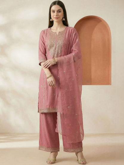 Dhiyona IE Women Ethnic Motifs Embroidered Thread Work Kurta with Palazzos & With Dupatta