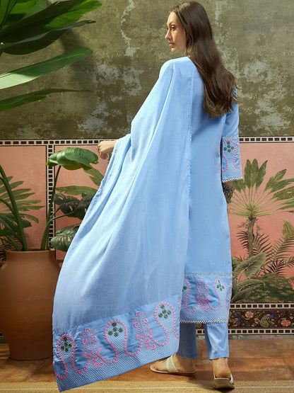 Embroidered Pure Cotton Keyhole Neck Kurta & Trousers With Dupatta