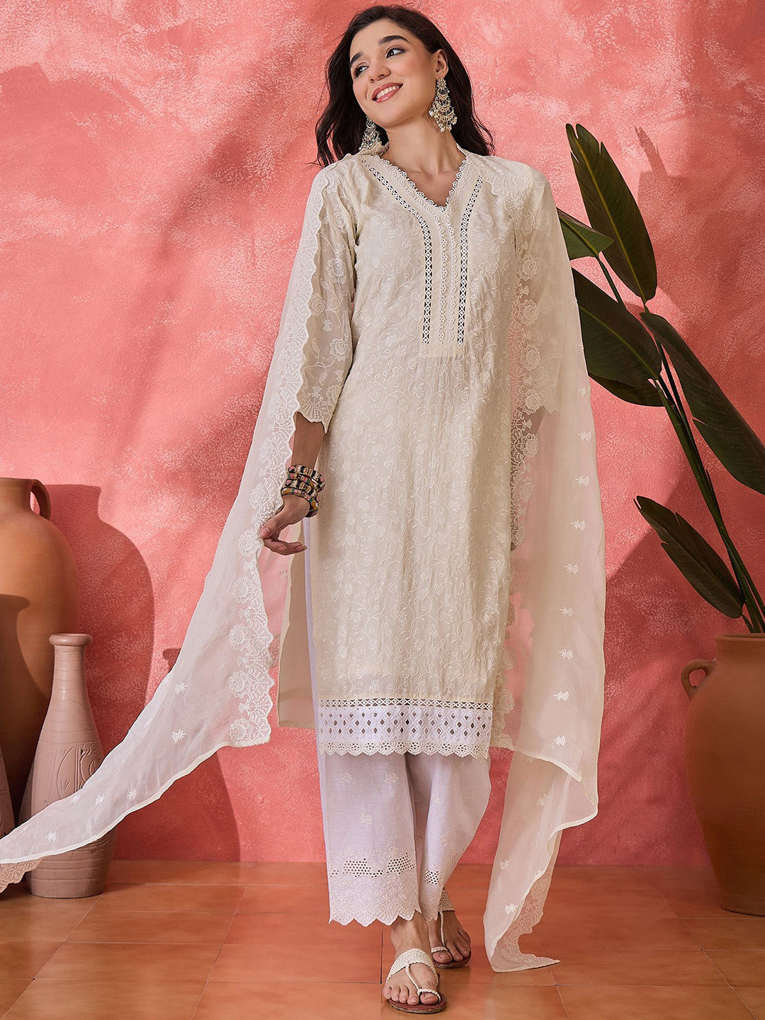 Women Floral Embroidered Cotton Kurta with Trousers & Dupatta
