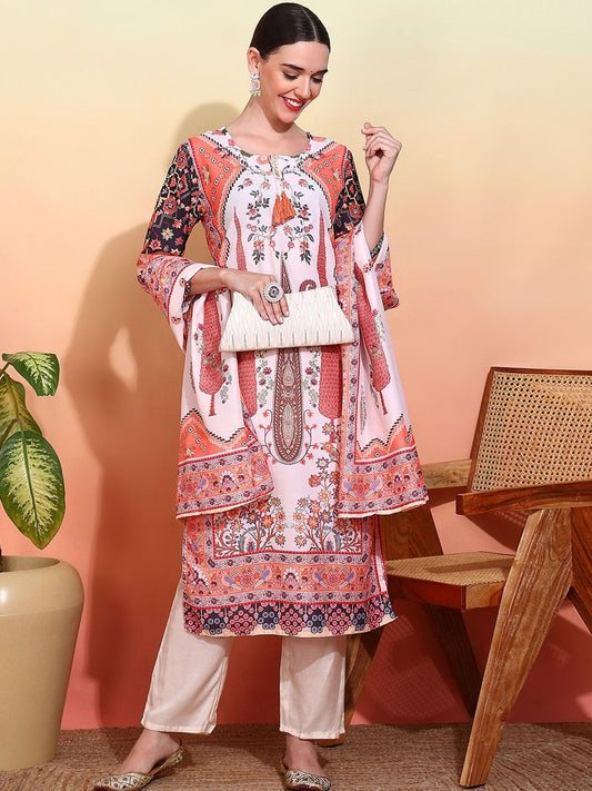 Dhiyona IS Women's Ethnic Motifs Printed Tie-Up Neck Straight Kurta With Trousers & Dupatta