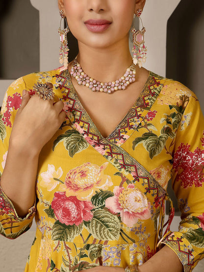 Women Floral Printed Pure Cotton Anarkali Kurta with Trouser & Dupatta