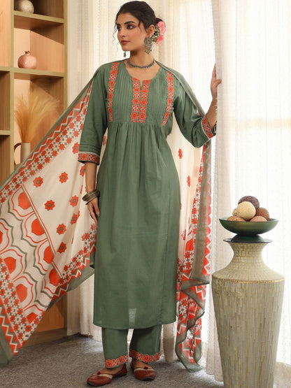 Dhiyona RR Women's Ethnic Motifs Yoke Design Regular Thread Work Pure Cotton Kurta with Trousers & With