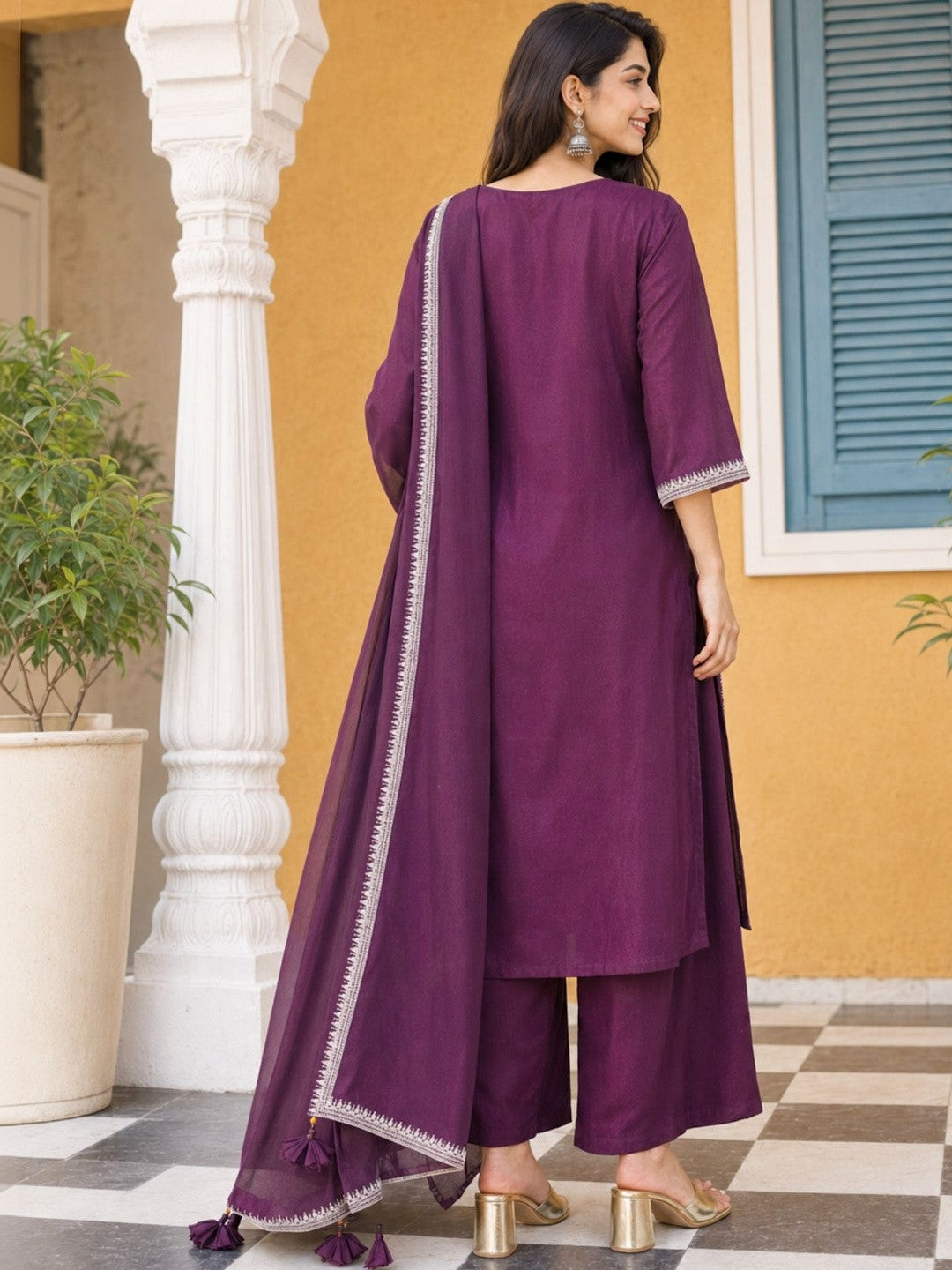 Women Ethnic Motifs Embroidered Regular Thread Work Kurta with Palazzos & With Dupatta