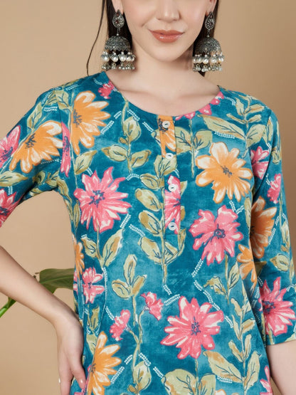 Women Floral Printed Regular Pure Cotton Kurta with Trousers