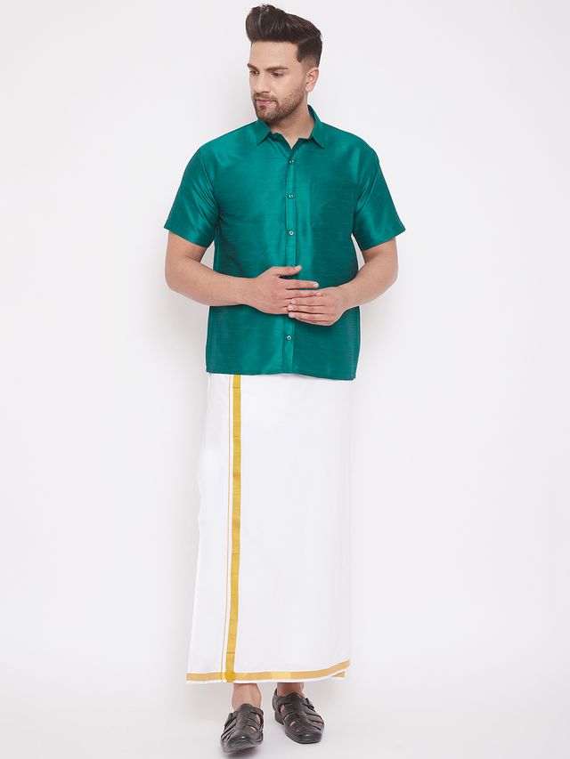 Men's Green Silk Blend Straight Ethnic Shirt