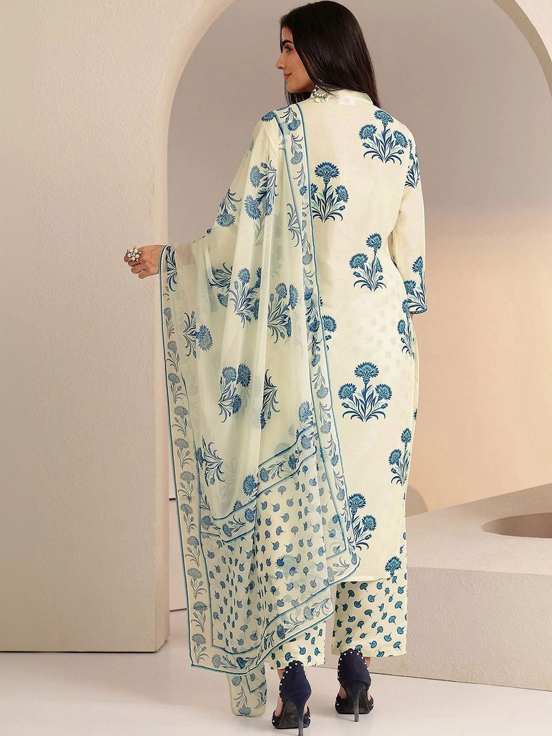 Cream Floral Printed Straight Cotton Blend Suit Set