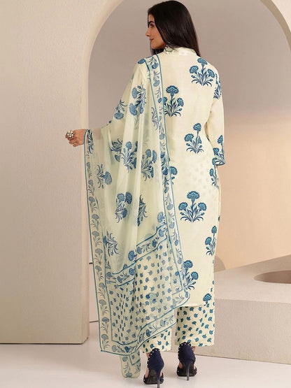Cream Floral Printed Straight Cotton Blend Suit Set