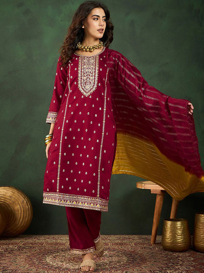 Round Neck Embroidered Straight Kurta Set