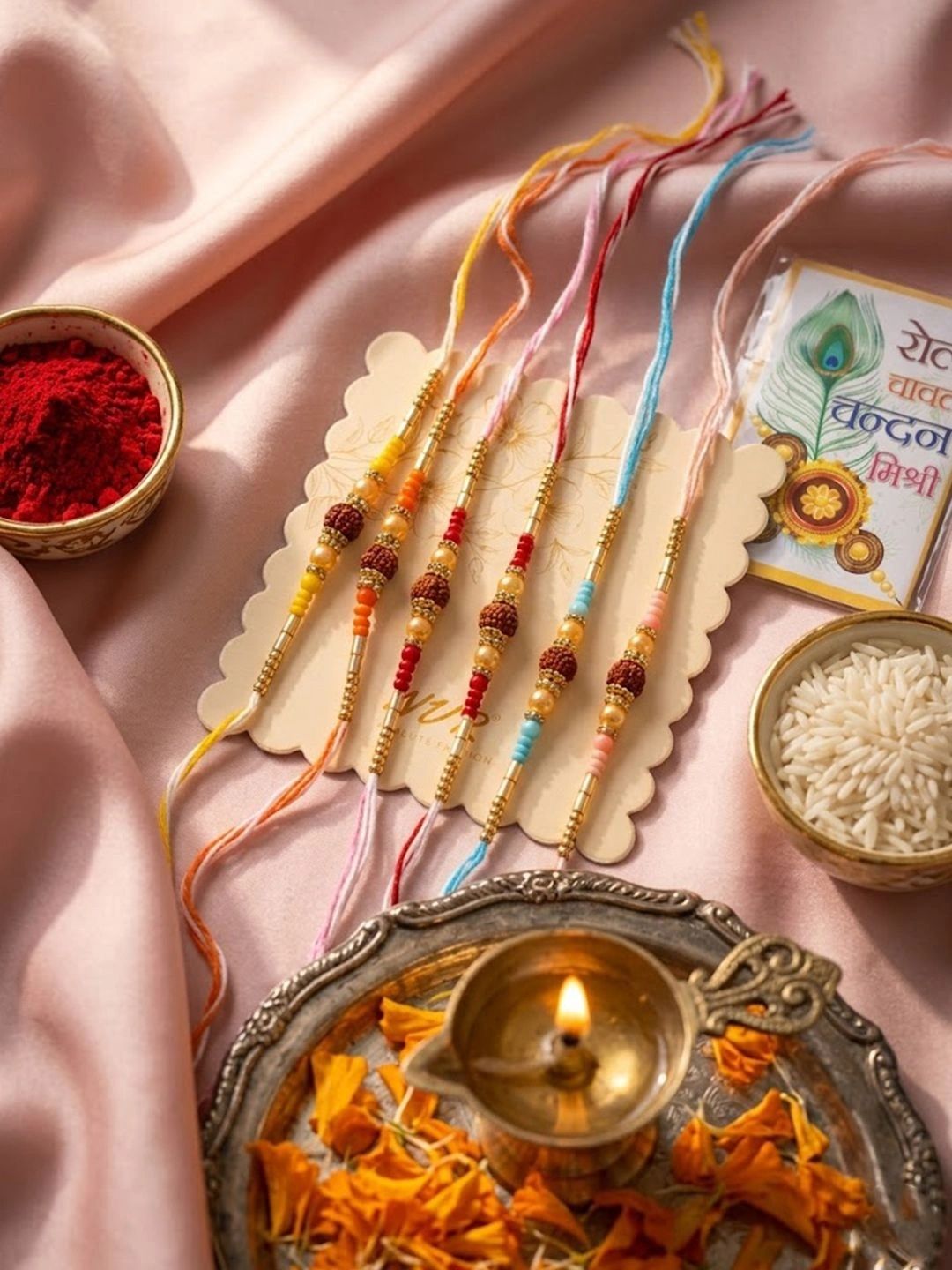 Dhiyona Set Of 6 Rudraksh & Artificial Beads Thread Rakhi With Roli Chawal Chandan Mishri