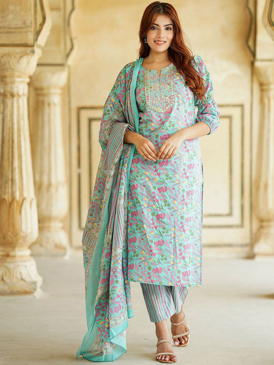 Dhiyona KL Floral Printed Mirror Work Pure Cotton Straight Kurta with Trousers & Dupatta