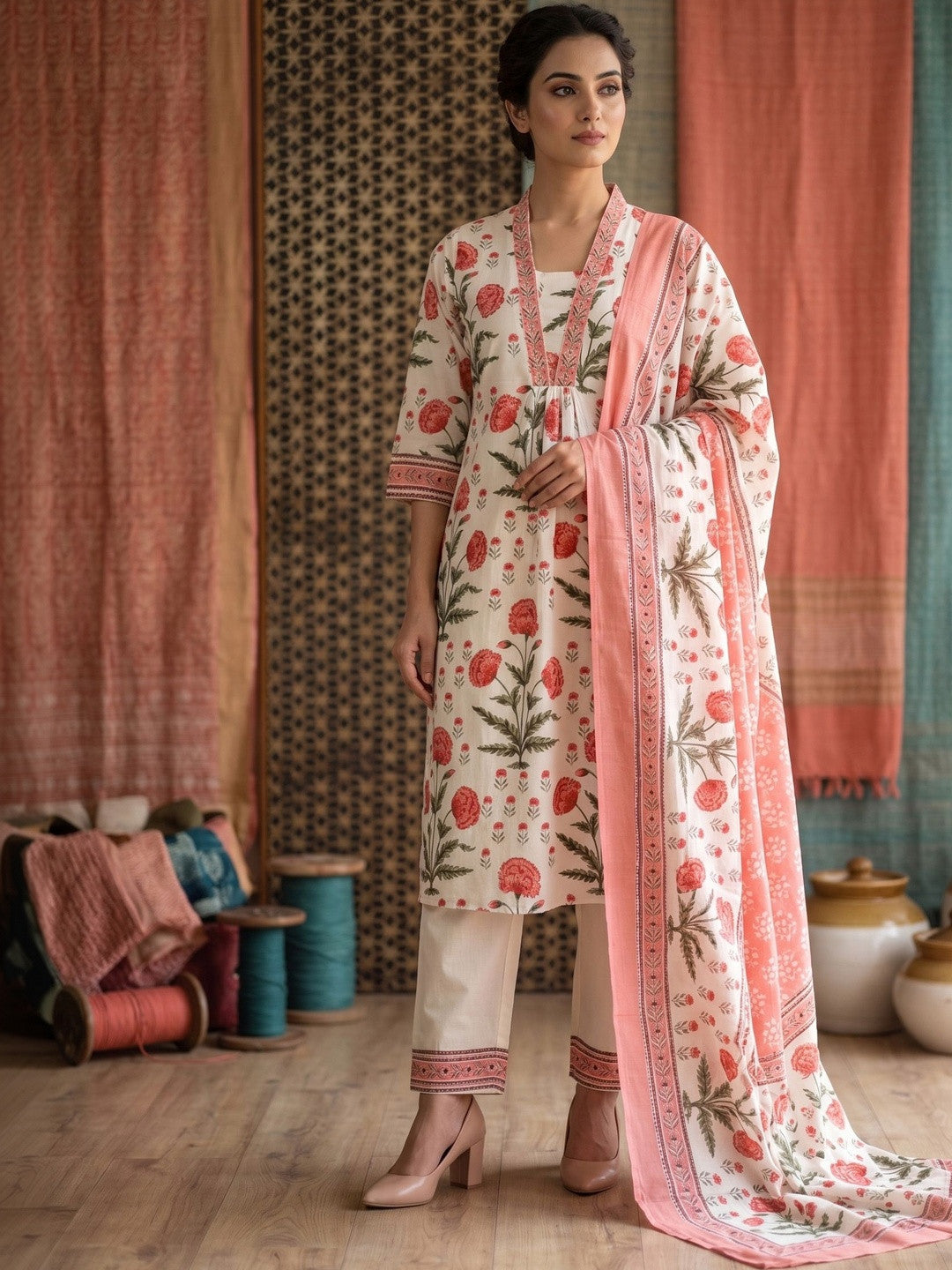 Embroidered Pure Cotton U-Neck Kurta With Palazzos With Dupatta