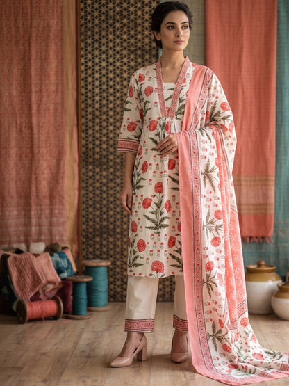 Embroidered Pure Cotton U-Neck Kurta With Palazzos With Dupatta