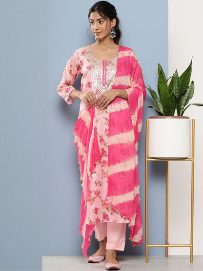 Dhiyona KL Women Pink Floral Printed Regular Mirror Work Pure Cotton Kurta Sets