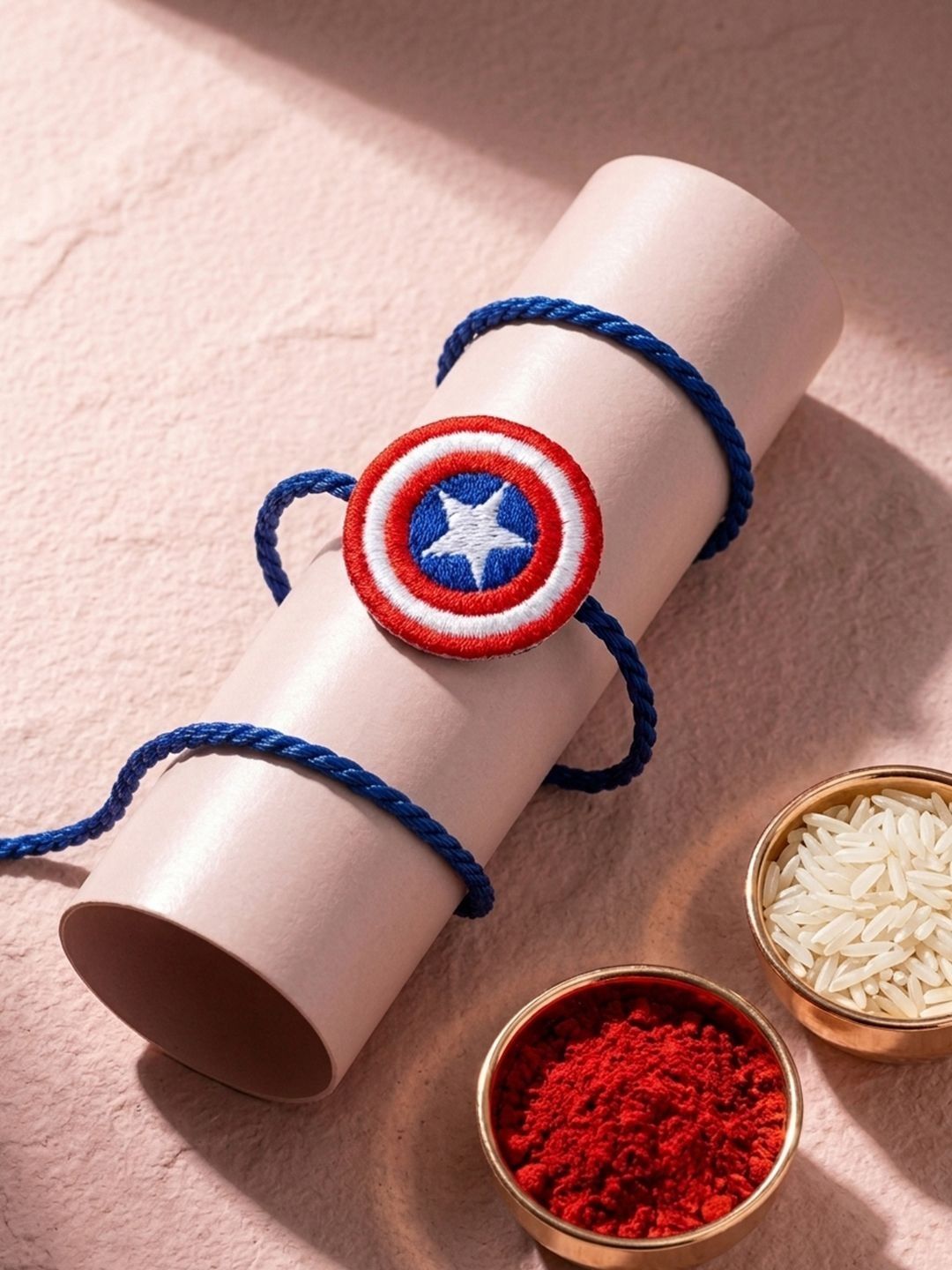 Dhiyona Stylish Red & Blue Avengers Design Kids Rakhi With Roli Chawal Chandan Mishri