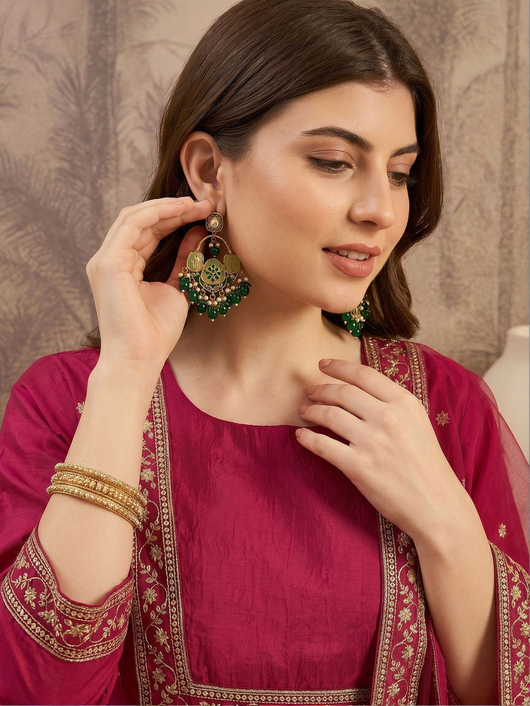 Embroidered Round Neck Kurta & Trousers With Dupatta Set
